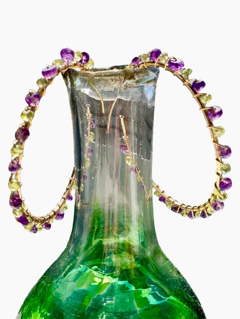 Beautiful 14k GF Amethyst & Peridot Wire-Wrapped Hoop Earrings - Picture 1 of 6
